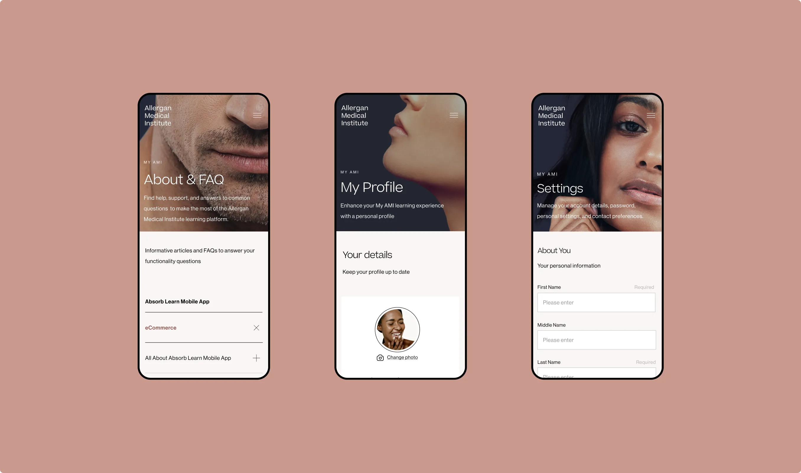 About, profile and settings screens on mobile