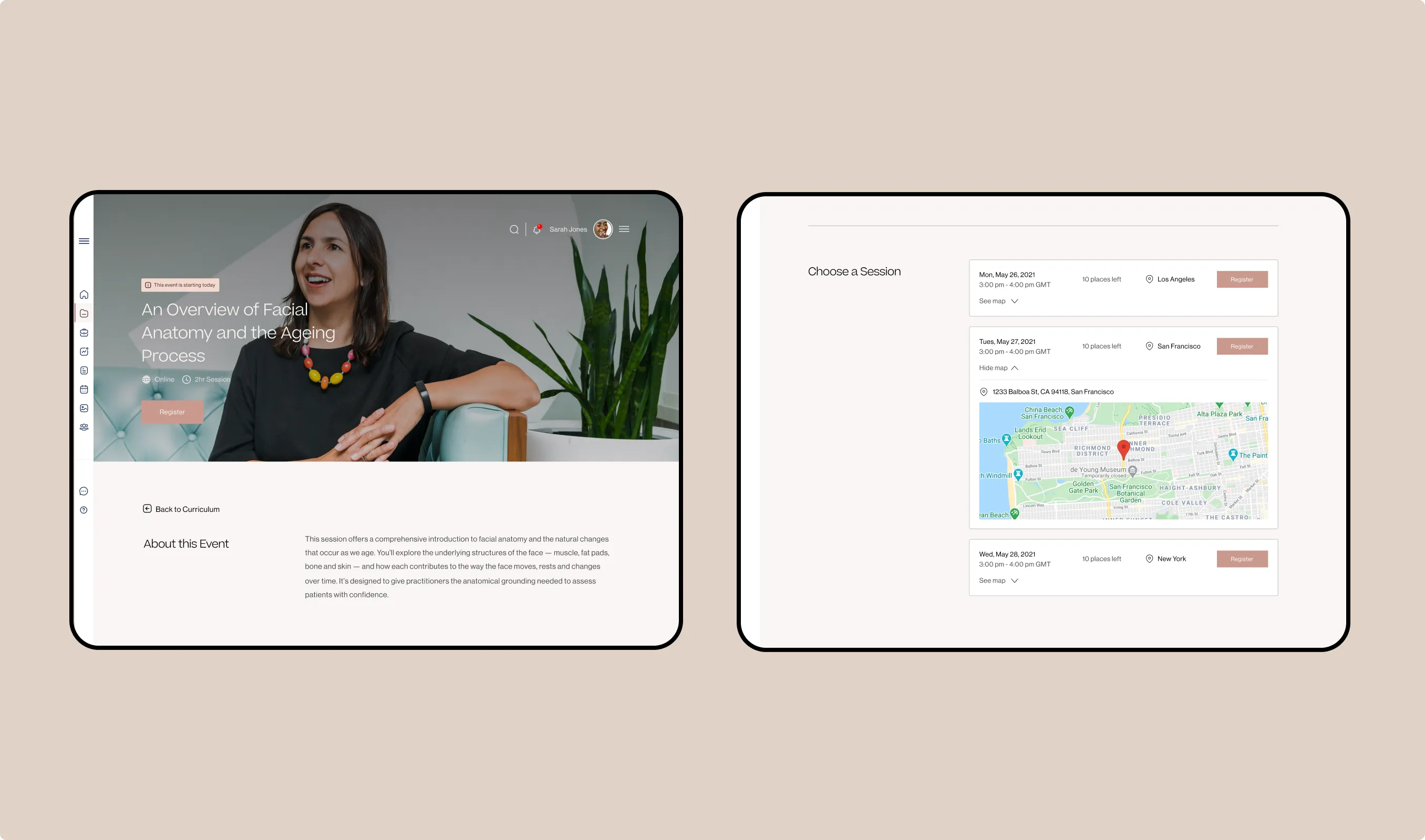 Event detail and session booking on iPad