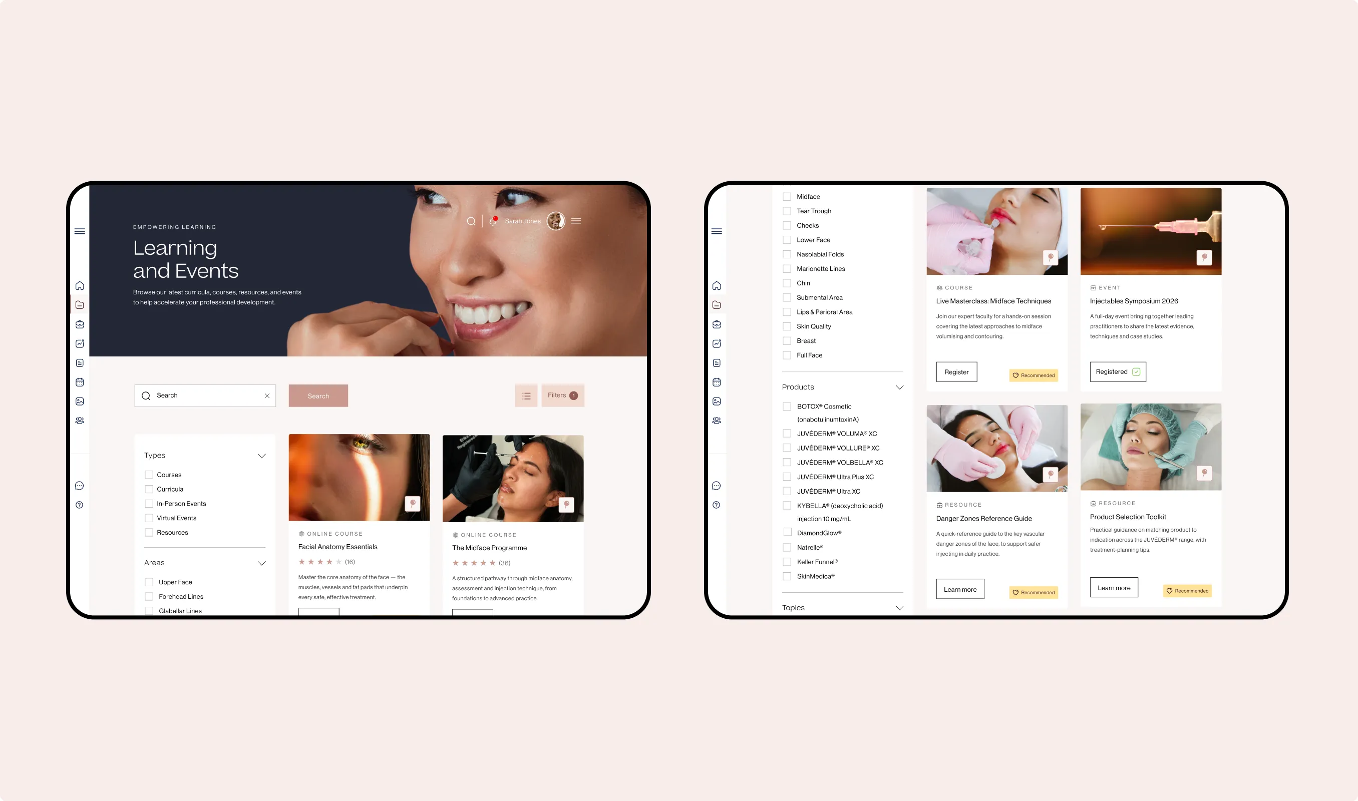 Learning and events listings on iPad