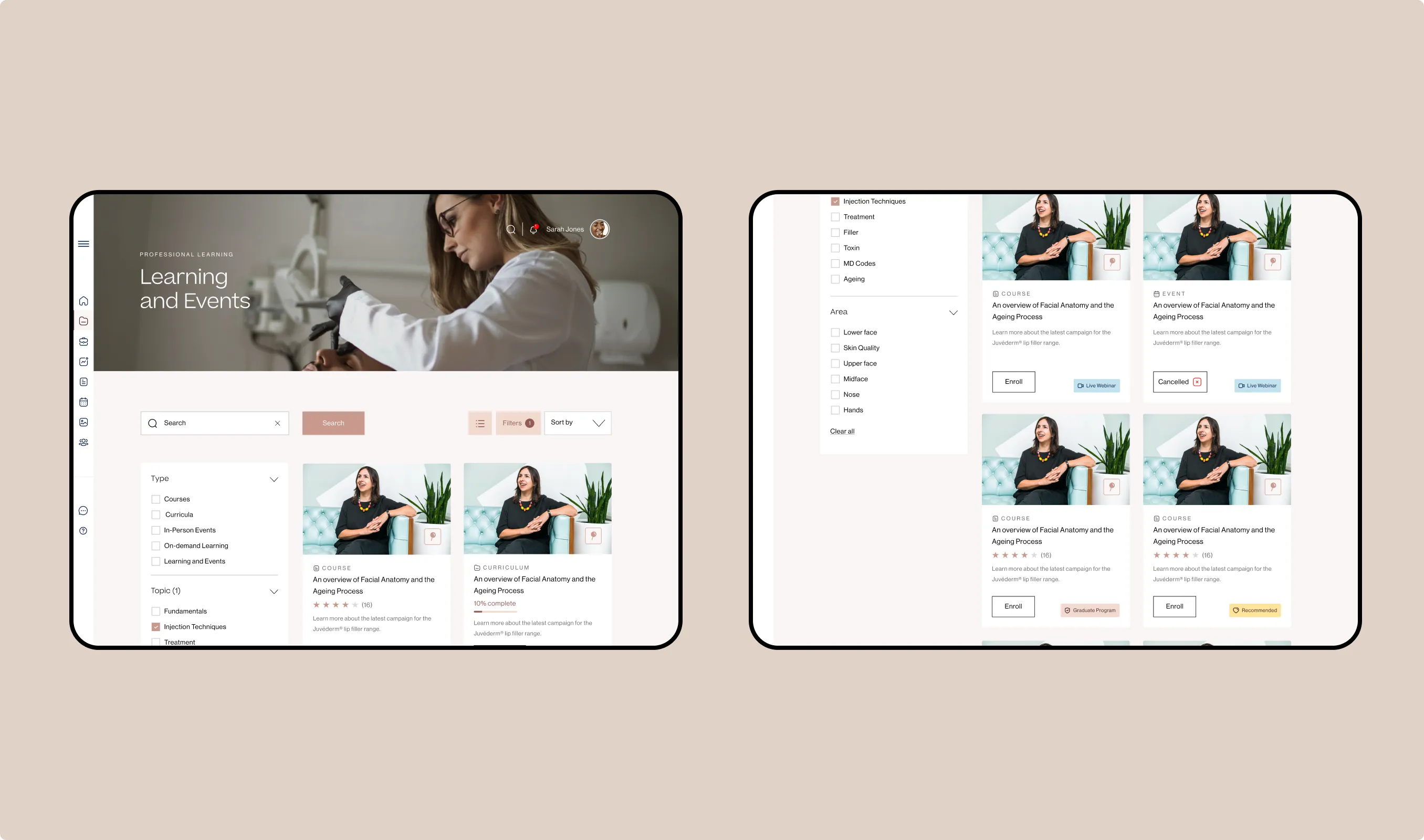 Learning and events listings on iPad