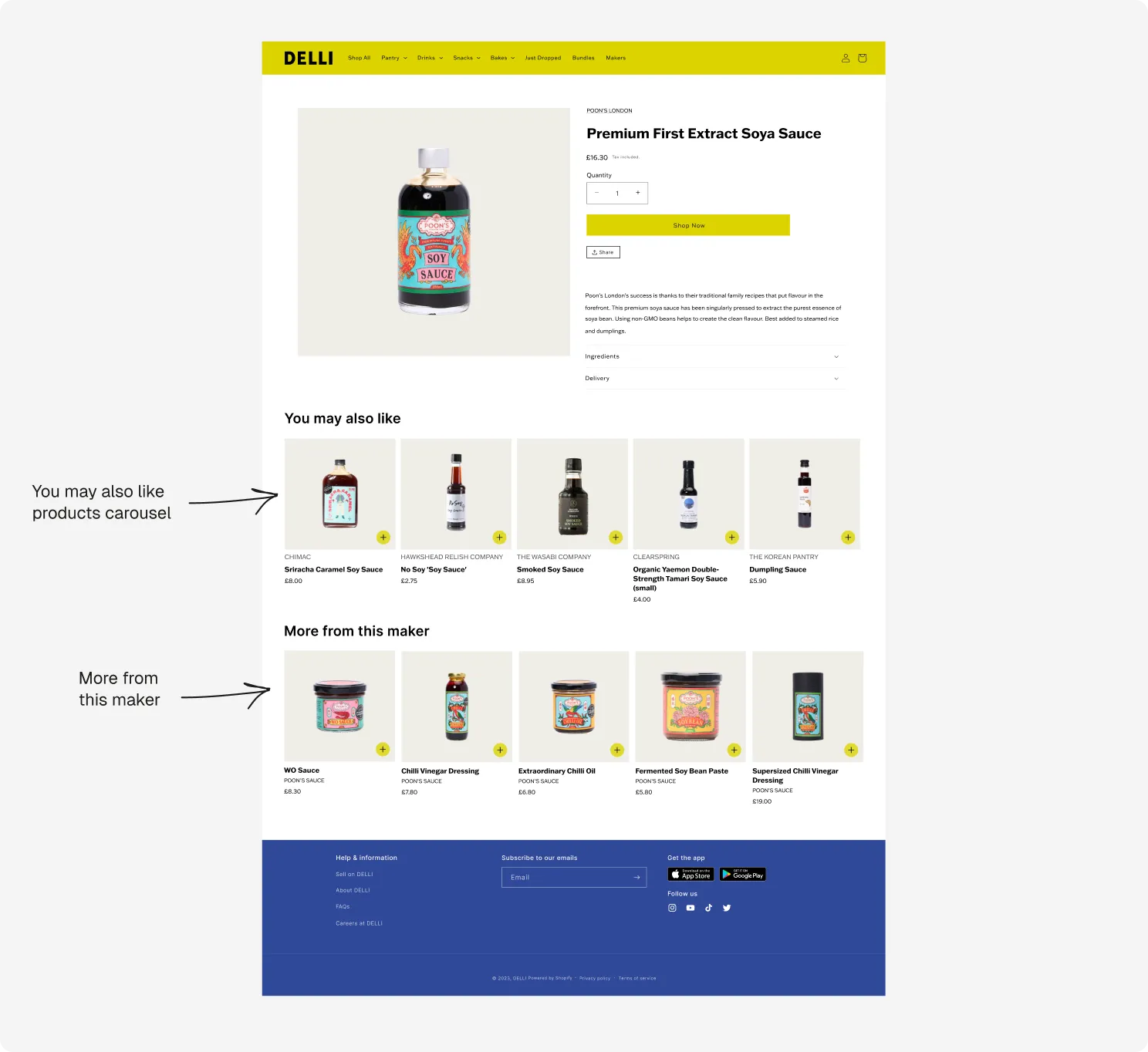 Recommendation sections on the product page