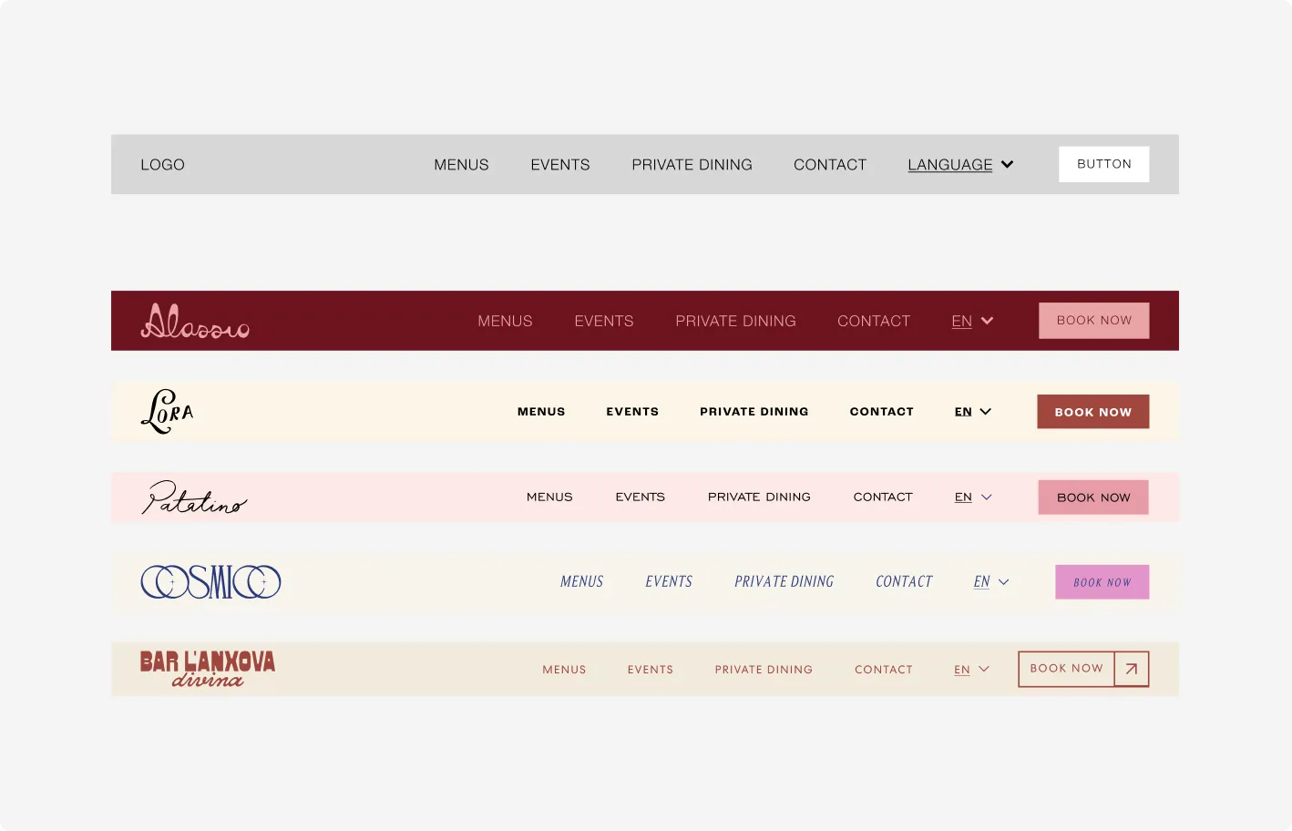 Header variations across the restaurant brands